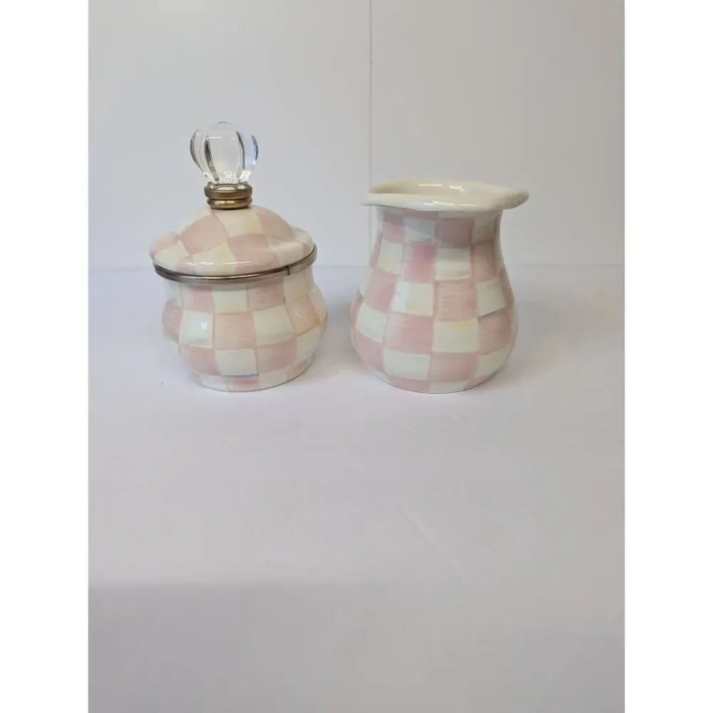 MacKenzie-Childs Rosy Check Enamel Creamer & Lidded Sugar Bowl Set Pink Like New